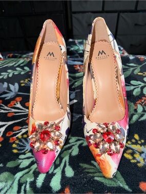 Madison Floral Pointed Toe Gem-Accent Pumps - Pink/Red/Orange